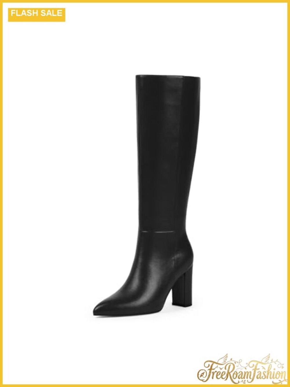 Faux Leather Knee High Boots Pointed Toe Chunky Heel Side Zip